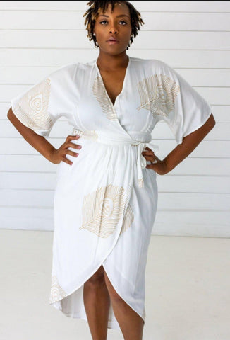 Ginkgo Leaf Maxi Wrap Dress in White + Copper