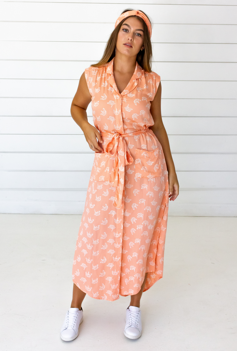Ginkgo Leaf Shirtdress in Peach + Cream