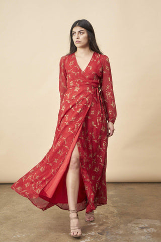 Ginkgo Leaf Maxi Wrap Dress in White + Copper